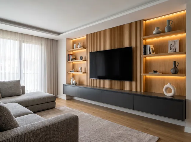 Oluklu Meşe Panelli TV Duvar Ünitesi